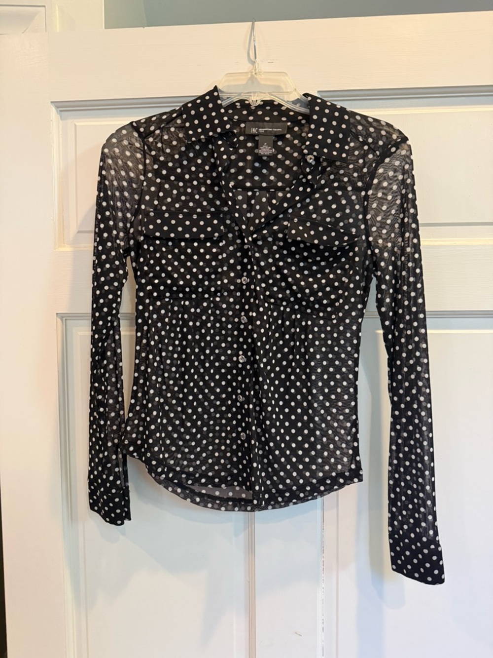 INC International Concepts Black Sheer Polka Dot Button-Down Shirt
